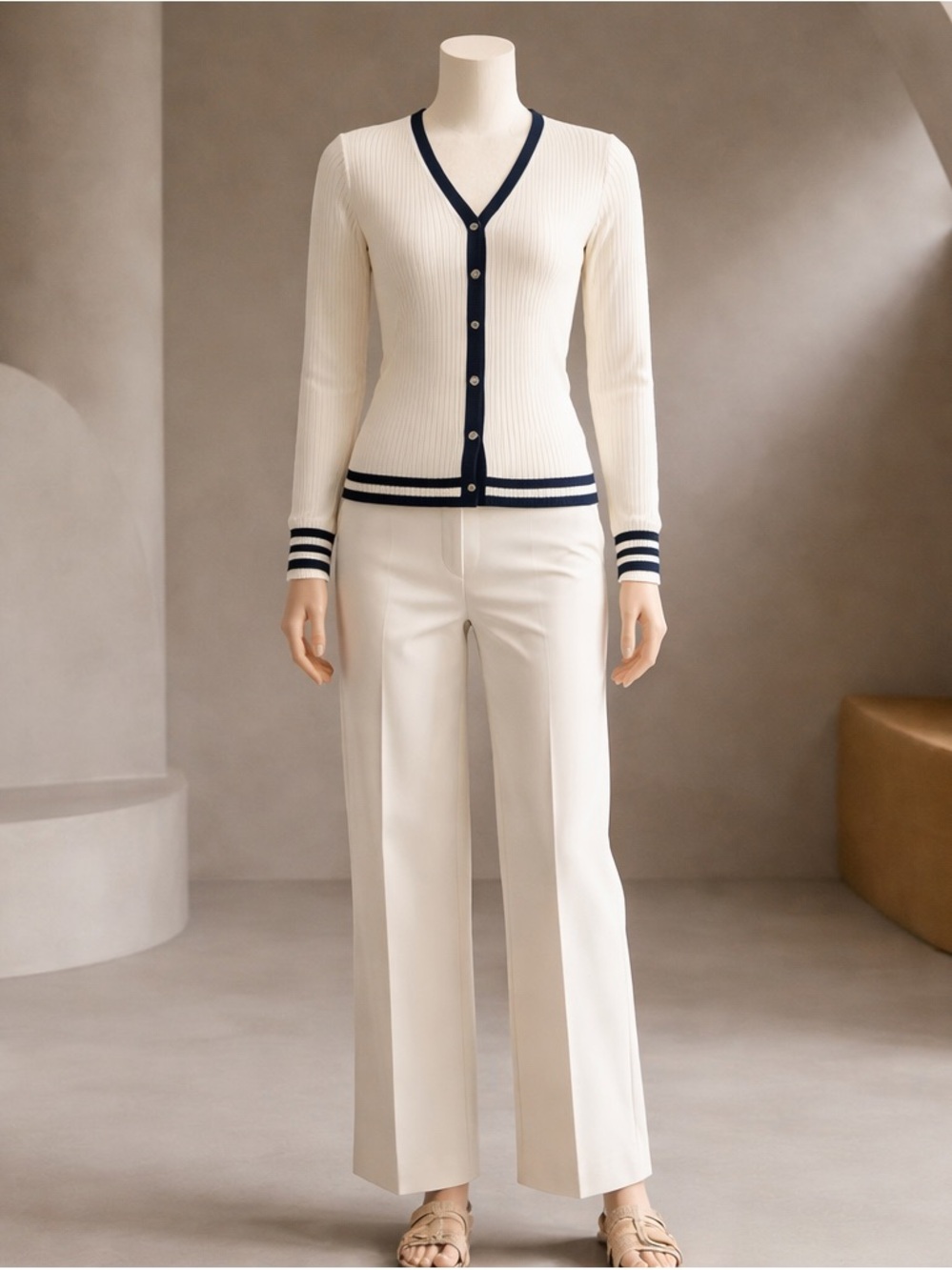 Laura Scott Cream Ribbed V-Neck Cardigan with Navy Trim